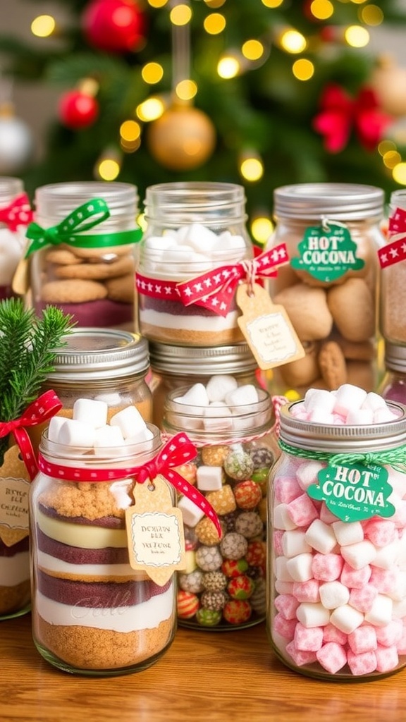Decorated mason jars filled with cookie mixes, hot cocoa kits, and bath salts for Christmas gifts.